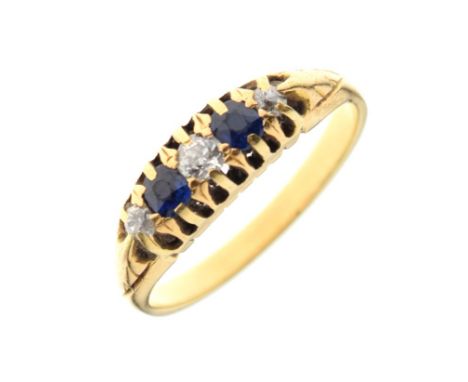 Unmarked yellow metal, diamond and sapphire five-stone dress ring, set with three diamonds and two sapphires, size M½, 3.4g g