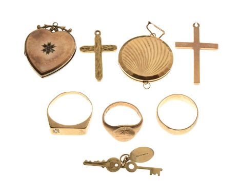 Assorted 9ct gold, yellow metal and other jewellery to include; 9ct gold wedding band and signet ring, yellow metal signet ri