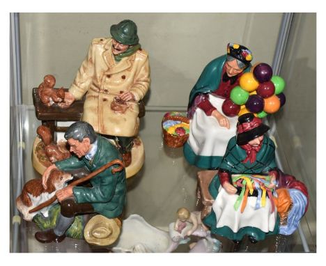 Four Royal Doulton figures - Lunchtime, The Old Balloon Seller, Silks &amp; Ribbons and The Master  