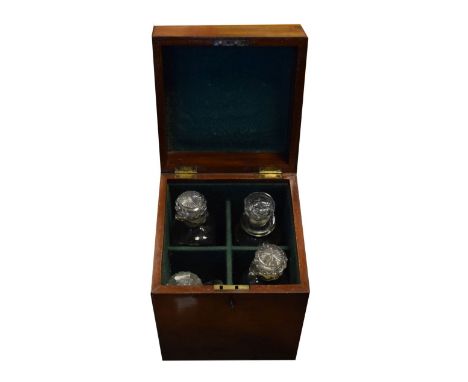 19th Century mahogany square hinged top baize lined four division decanter box containing three decanters and a number of sto