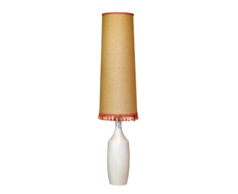 1960's period turned white painted wooden table lamp having textured shade, height of the base to bottom of fitting 51cm  