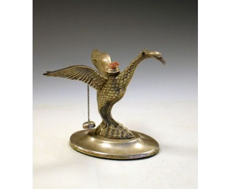 Early 20th Century silver-plated table lighter in the form of a mythical bird with outstretched wings on oval base, 12.5cm hi