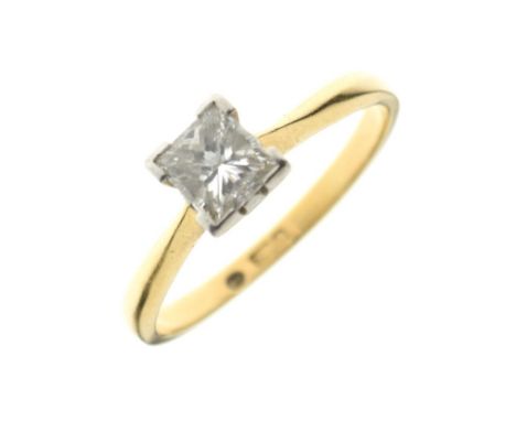 18ct gold and single stone diamond ring, the square-cut stone measures 4.7mm x 4.4mm approx, size M, 2.8g gross approx  