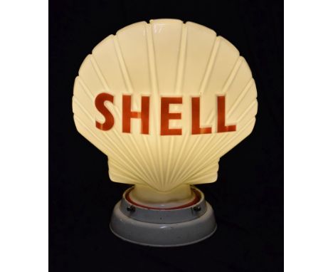 Advertising - Shell Petrol illuminated opaque white glass pump top lamp on circular metal base (af), the shade standing 44cm 