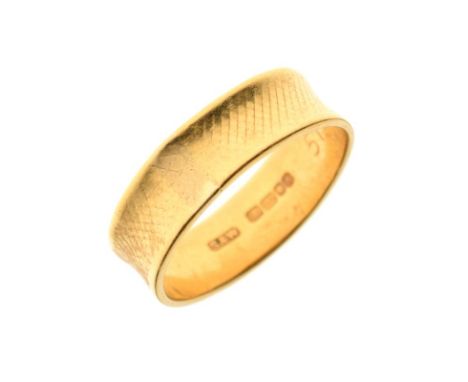 22ct gold wedding band of waisted design with external lattice decoration, size R, 4.5g approx  