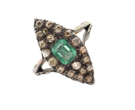 White metal, diamond and emerald-coloured green stone ring of navette design, the central green stone within eighteen small d