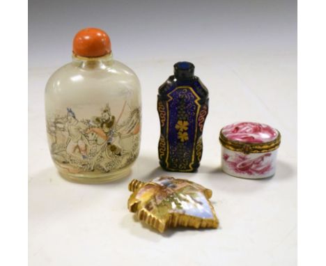 Large Chinese internally-painted glass snuff bottle, together with a 19th Century decorated blue glass scent bottle, porcelai