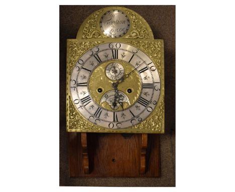 18th Century brass arched dial longcase clock movement inscribed Jno. Tantum, Loscoe, having silvered chapter ring, subsidiar