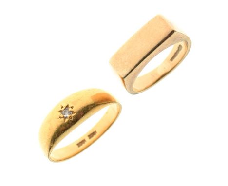 9ct gold 'Pinky' ring, size G½, together with a yellow metal wedding band with single gypsy-set diamond, stamped 18ct, size P