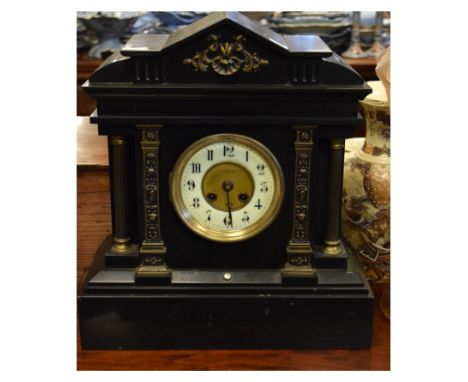Late 19th Century French black slate mantel clock with two-train movement in architectural case, 35cm wide x 39cm high  