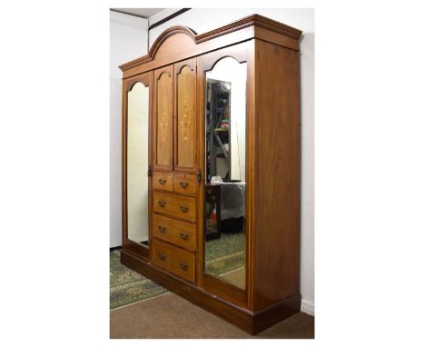 Edwardian mahogany and string inlaid satinwood crossbanded arch top triple wardrobe, 190cm wide  