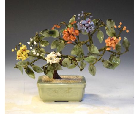 Oriental hardstone bonsai style tree in a celadon glazed planter, 18cm high  