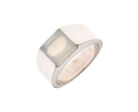 Cartier - White metal 'Tank' ring, with square-cut opaque stone, shank stamped CARTIER 1998 750 Cartier K24356, size M, 13.1g