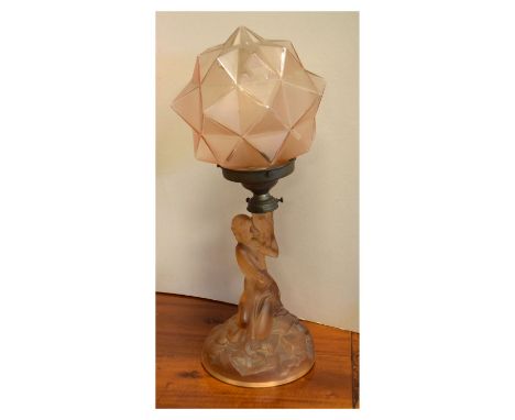 Mid 20th Century Art Deco-style moulded pink glass figural table lamp, 40cm high  