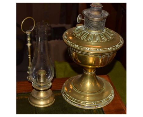 Brass paraffin lamp, together with a brass chamber candle holder (converted) (2)  