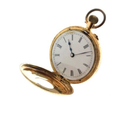 Lady's yellow metal half hunter-cased fob watch, front cover with blue enamelled Roman chapter ring, white Roman dial, unsign