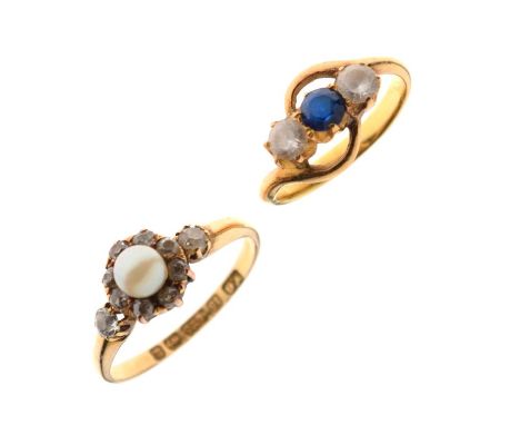 15ct gold dress ring set single pearl, together with an unmarked yellow metal three stone ring with two clear stones (testing