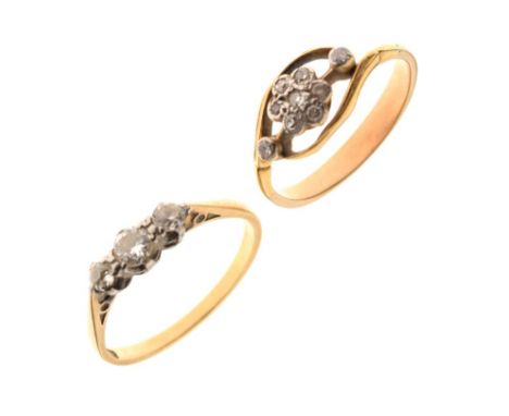 Yellow metal and three stone diamond dress ring, indistinctly marked, size O½, together with an unmarked yellow metal and dia