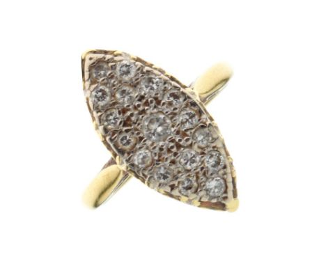 18ct gold and diamond ring of navette design set seventeen small stones, size O, 5.6g gross approx  