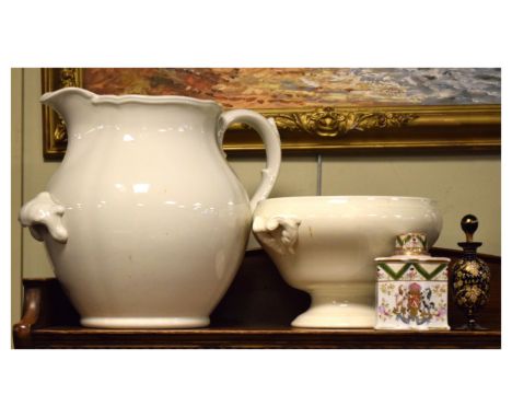 Large white ceramic jug, 29cm high and a similar tureen, together with a reproduction tea canister and a blue glass scent bot