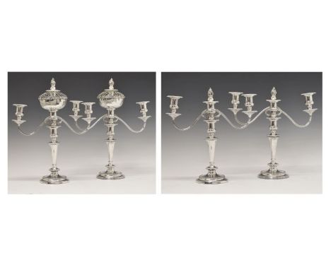 Pair of 20th Century three light silver-plated patent multiple candelabra in the Georgian style with gadrooned decoration hav