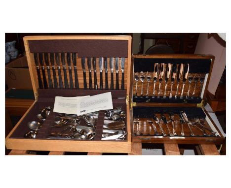 Light oak-cased set of Old Hall stainless steel cutlery, together with an earlier oak-cased set of one dozen fish cutlery (2)