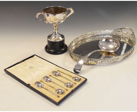 Cased set of six silver teaspoons, Sheffield 1926, 1.8toz approx, together with a silver plated trophy, silver plated ladle a