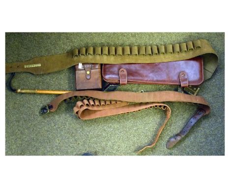 Collection of riding, hunting and military accessories to include; hide-cased set of three glass travel bottles, staghorn-han
