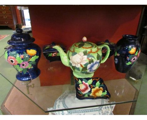 Six pieces of Maling Ware including teapot, vase, ginger jar etc 