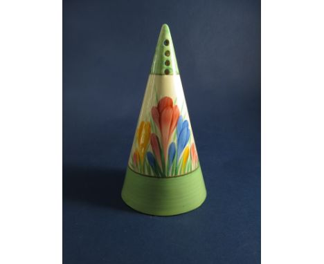 A Clarice Cliff Spring Crocus conical form sugar castor with green top and bottom, 14cm tall 