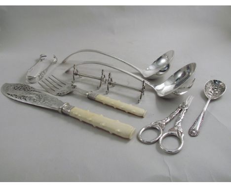 A selection of silver plate including ladles, fish serving knife and fork, decorative grape scissors etc (9)