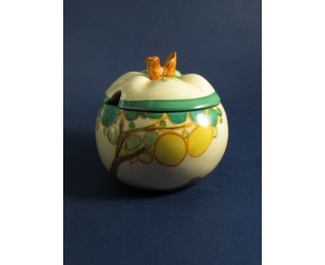 A Clarice Cliff "Secrets" pattern apple shape preserve pot, 19cm tall 