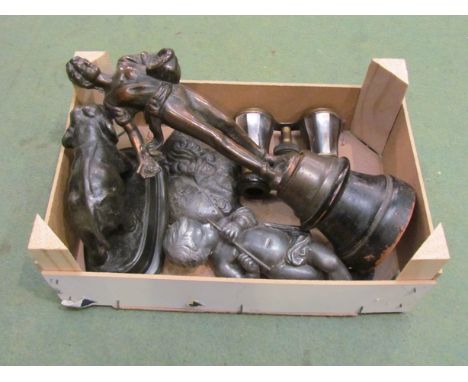 A selection of metal wares including a lead paperweight in the form of a side portrait classical head, stamped at base 