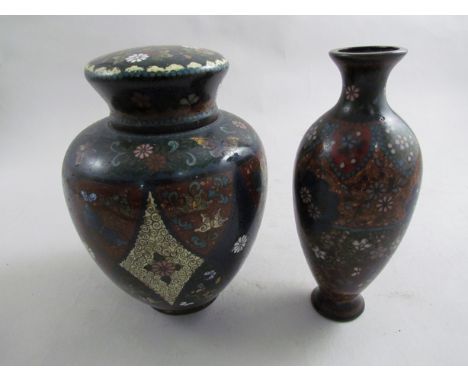 A late 19th/early 20th Century Oriental cloisonné tea caddy and with vase, both with foliate scrolls  (2) 
