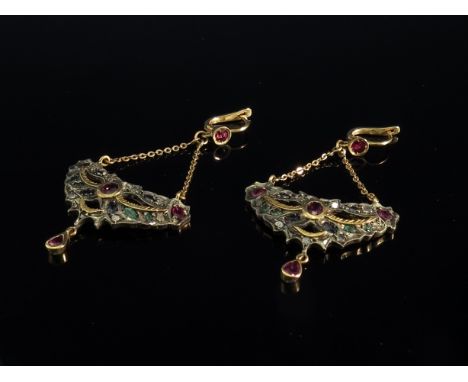 A pair of old cut diamond, ruby, emerald and sapphire drop earrings in open "fan shaped" setting with ruby drop, stamped 500