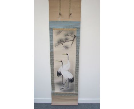 A Chinese watercolour scroll depicting white cranes 
