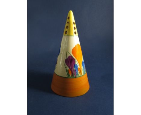 A Clarice Cliff Autumn Crocus pattern conical sugar caster with yellow top and orange banded bottom, 14cm tall 