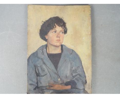 A small, unframed oil on panel, portrait of a young lady, signed lower left JSJ and dated 1920, approximately 36 cm x 26 cm.