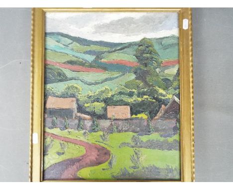 A framed oil on panel depicting a landscape scene, marked lower right CWB, scribed verso 'Miles Balmford Sharp 1897 - 1973', 