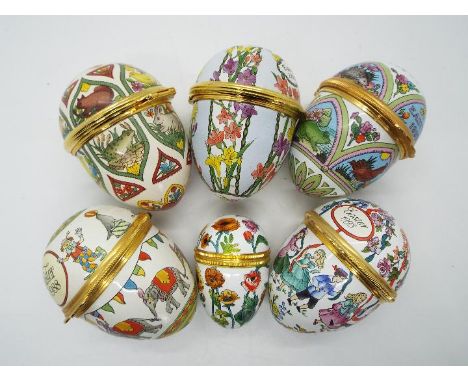 Five Halcyon Days enamel 'Egg' trinket boxes comprising Easter 1998, 1992, 1993, 1994, 1995 and one similar smaller egg.Condi