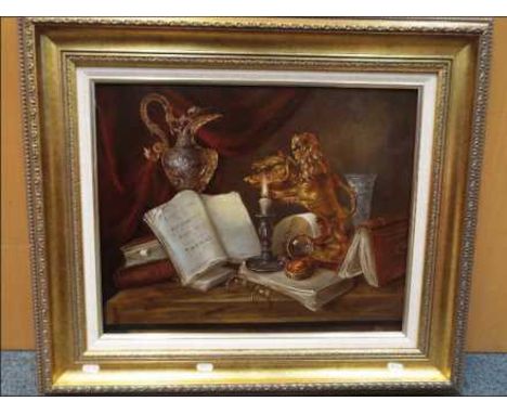 An oil on panel, signed lower right (unclear), image size approx 39 cm x 49 cm, gilt framed, retailed by Marble Arch Art Gall