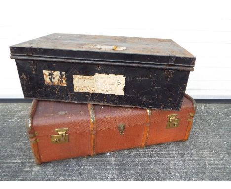 A vintage wood bound cabin trunk and a metal chest. [2]
