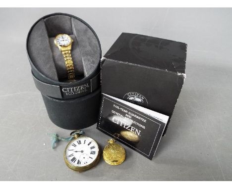 A lady's Citizen Eco Drive wristwatch in original case and outer box, with spare links, vintage pocket watch (A/F) and simila