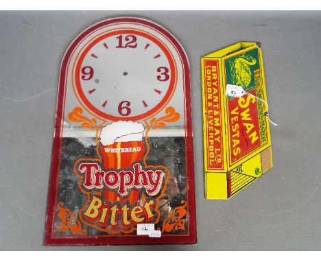 Vintage Advertising - A Swan Vesta enamel advertising sign and a Trophy Bitter wall mirror / clock (clock mechanism lacking),