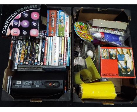 A mixed lot to include DVD's and CD's, boxed set of pool balls, glassware, a Jamo Centre 50 speaker and similar, two boxes. [