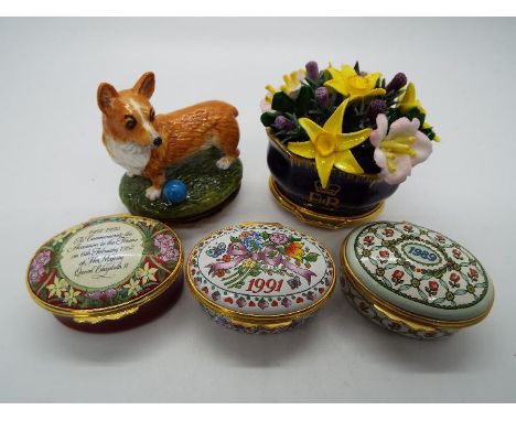 Five Halcyon Days enamel boxes comprising Pembroke Welsh Corgi, Queen Elizabeth II Ruby Jubilee and Golden Jubilee and A Year