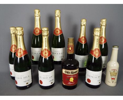 Eight bottles of Wine Society Saumur Brut sparkling wine, a bottle of Oude Meester Van Der Hum liqueur and other.