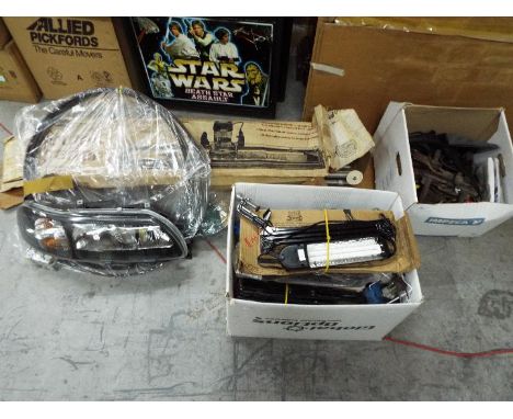 Lot to include hand tools, a Sears Craftsman router crafter (boxed), lighting and similar. [4]