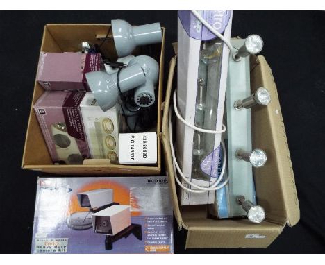 Lot to include a Micromark two camera CCTV System, household lighting and similar, two boxes. [2]