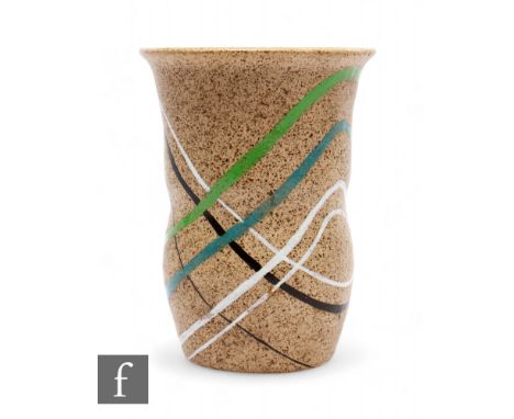 Clarice Cliff - Goldstone Abstract - A shape 631 vase circa 1932, hand painted with criss cross lines in green, teal, white a